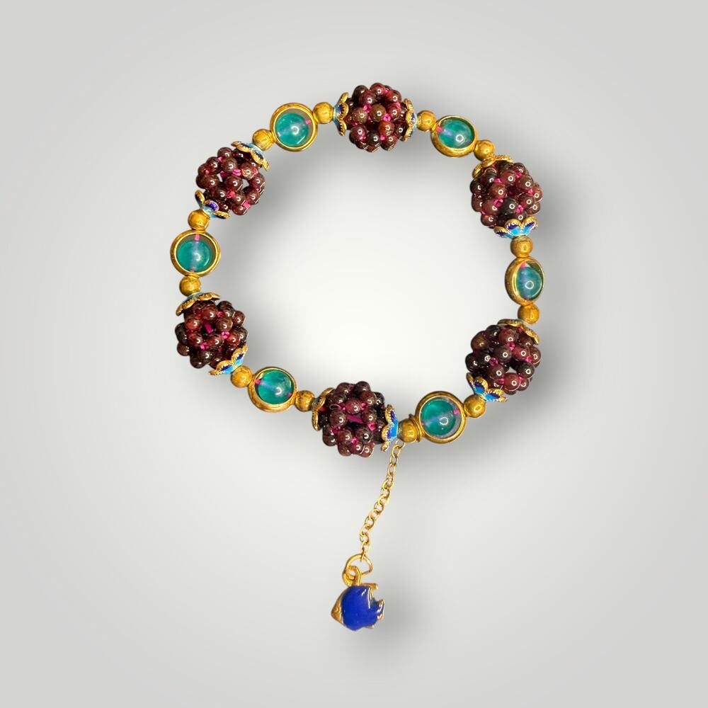 Natural Garnet Stretch Bracelet Cloisonne Enamel Green Stone Gold Tone